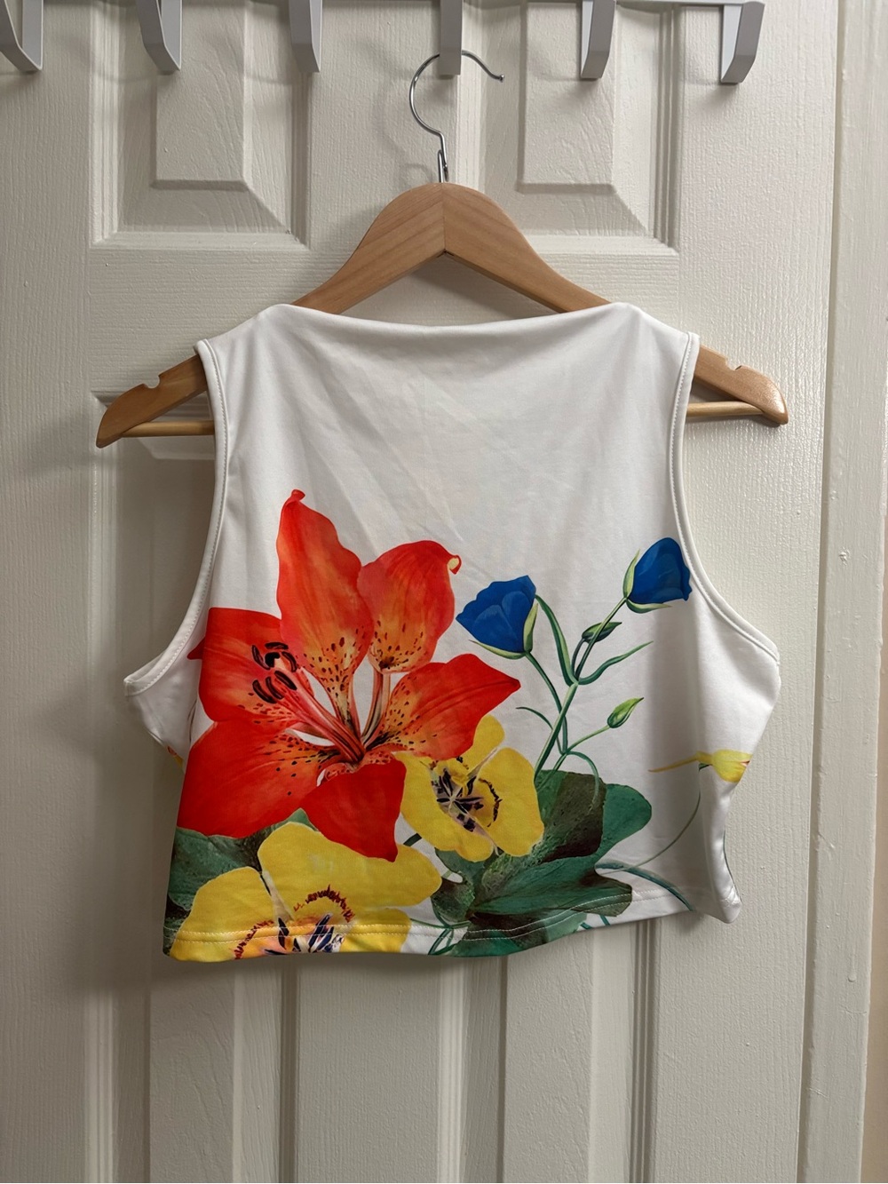 White Floral Crop Tank Top with Red & Yellow Blooms